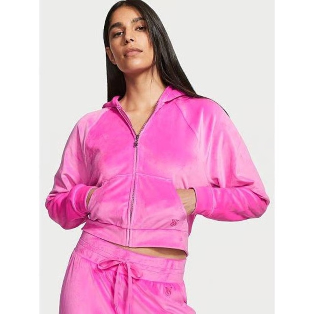 Victoria's Secret Velour Full-Zip Tracksuit Set Electric Pink Graphic Size XS - Picture 1 of 6